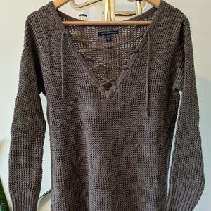 Taupe Knit Sweater with Criss-Cross front